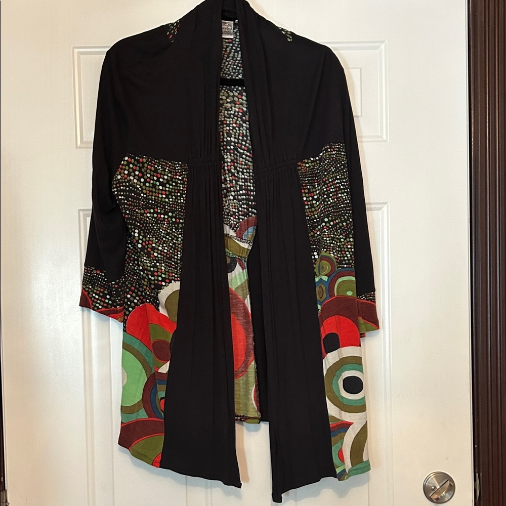 Parsley & Sage Artsy Women's Open Cardigan Sweater L Black Colorful Lagenlook